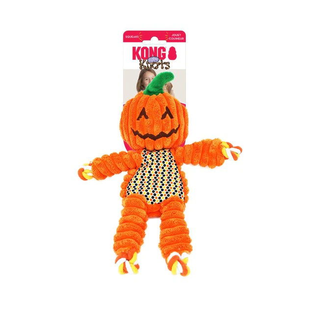 KONG Halloween Floppy Knots Pumpkin Squeaky Plush Dog Toy, Small/Medium 5 KONG Halloween Floppy Knots Pumpkin Squeaky Plush Dog Toy, Small/Medium - Image 3