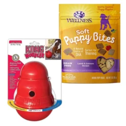 KONG||Wellness KONG Wobbler Dog Toy, Small + Wellness Soft Puppy Bites Lamb & Salmon Recipe Grain-Free Dog Treats, 3-oz pouch