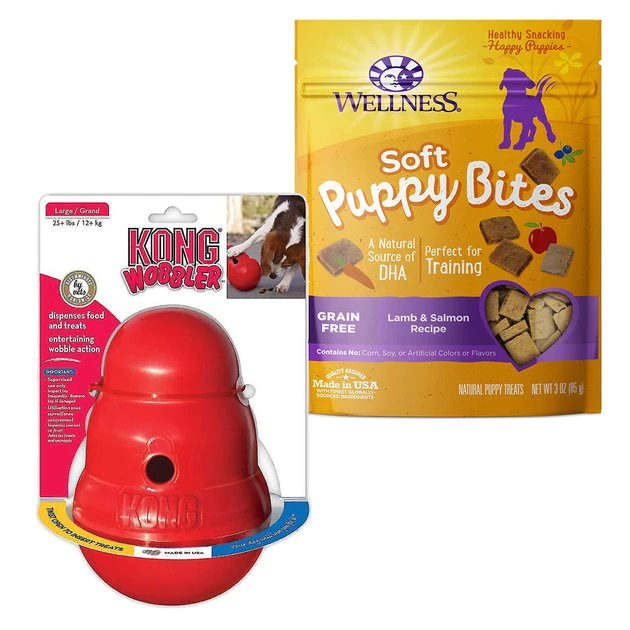 KONG||Wellness KONG Wobbler Dog Toy, Small + Wellness Soft Puppy Bites Lamb & Salmon Recipe Grain-Free Dog Treats, 3-oz pouch 3 KONG||Wellness KONG Wobbler Dog Toy, Small + Wellness Soft Puppy Bites Lamb & Salmon Recipe Grain-Free Dog Treats, 3-oz pouch